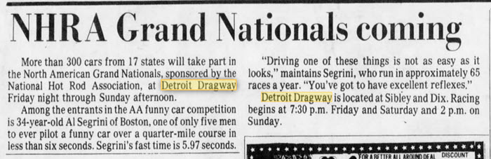 the NHRA Days May 15 1980 Detroit Dragway, Brownstown Twp